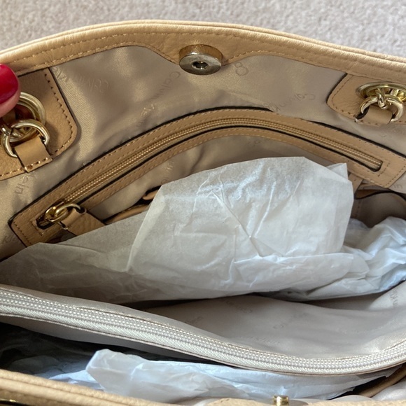 NWOT Calvin Klein Saffiano Tote Leather Beige‎ Handbag - Picture 10 of 14